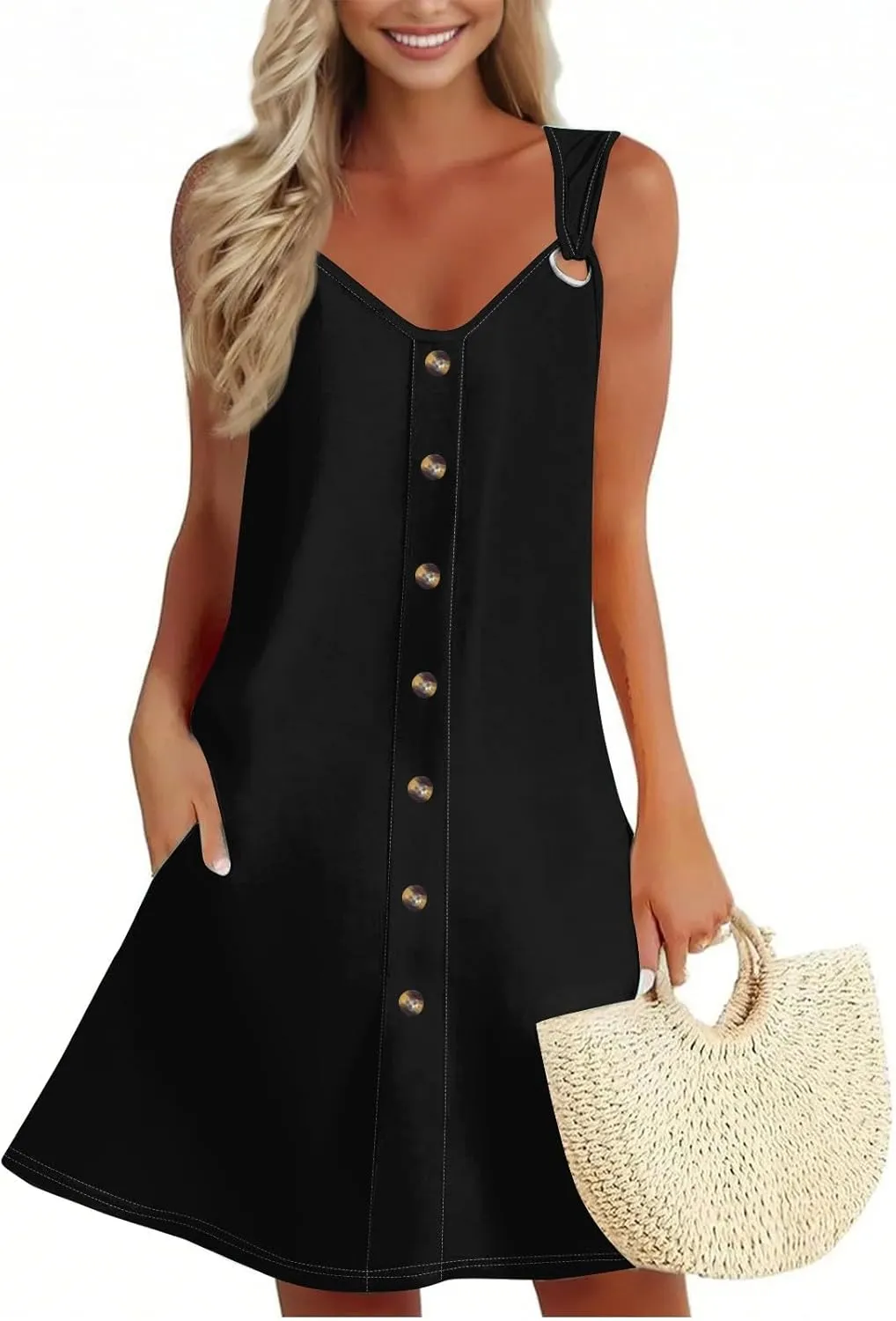 Sundresses for Women 2025 Summer Solid Button Down Sleeveless Midi Dress Loose Vacation Beach Swimsuit Coverups