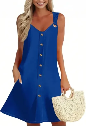 Sundresses for Women 2025 Summer Solid Button Down Sleeveless Midi Dress Loose Vacation Beach Swimsuit Coverups