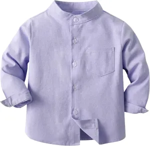Toddler Kids Boys Mandarin Collar Woven Button Down Long Sleeve Linen Cotton Dress Shirt Solid Henle Shirt