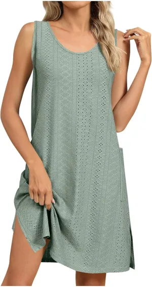 Vacation Dresses for Women Casual Scoop Neck Sleeveless Eyelet Side Split Sundress Summer Beach Cover Ups with Pockets