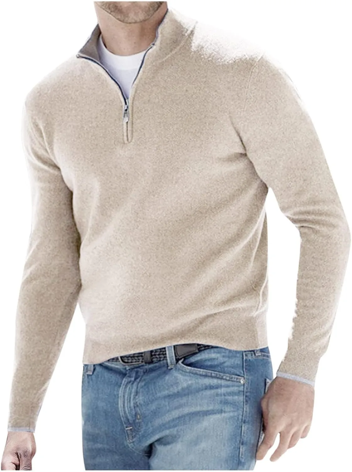 Vifucz Sudadera cremallera hombre suter manga larga Color slido jersey tejido cuello levantado ropa deportiva transpirable