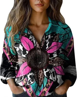 Vintage Boho Tops for Women Floral Print Shirt Casual Long Sleeve Button Down Blouses Dressy T-Shirts with Pocket