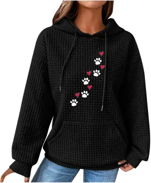 Waffle Hoodies for Women Cute Dog Paw Heart Print Hooded Sweatshirts Dog Lover Winter Casual Pocket Drawstring Pullover Tops