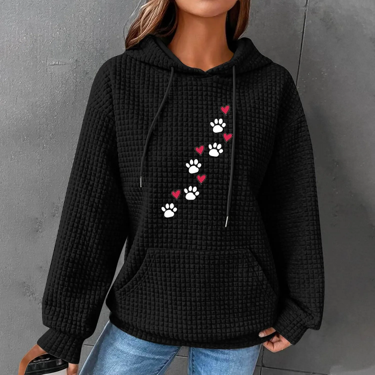 Waffle Hoodies for Women Cute Dog Paw Heart Print Hooded Sweatshirts Dog Lover Winter Casual Pocket Drawstring Pullover Tops