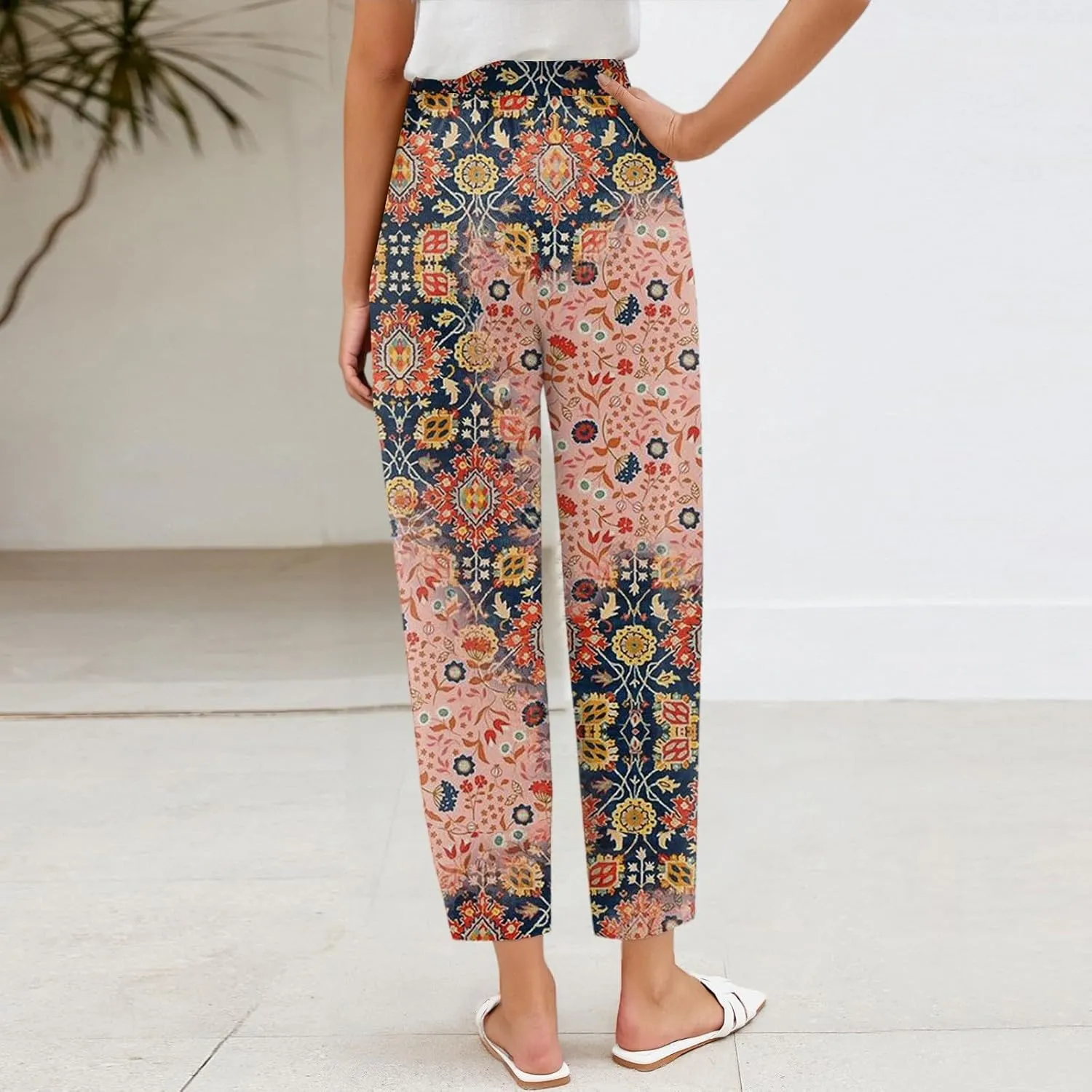 Wide Leg Linen Pants for Women Cropped Summer Palazzo Pant Casual Ankle Length Beach Vacation Trousers with Pockets