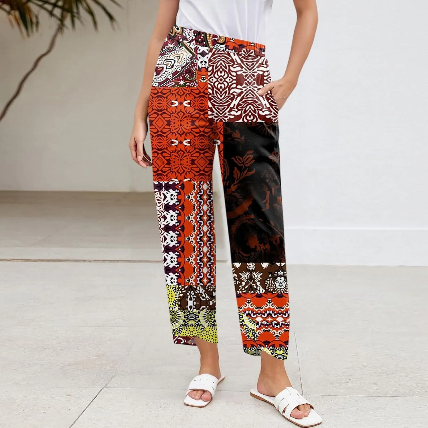 Wide Leg Linen Pants for Women Cropped Summer Palazzo Pant Casual Ankle Length Beach Vacation Trousers with Pockets