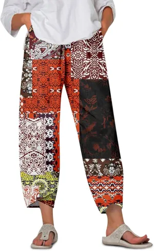 Wide Leg Linen Pants for Women Cropped Summer Palazzo Pant Casual Ankle Length Beach Vacation Trousers with Pockets