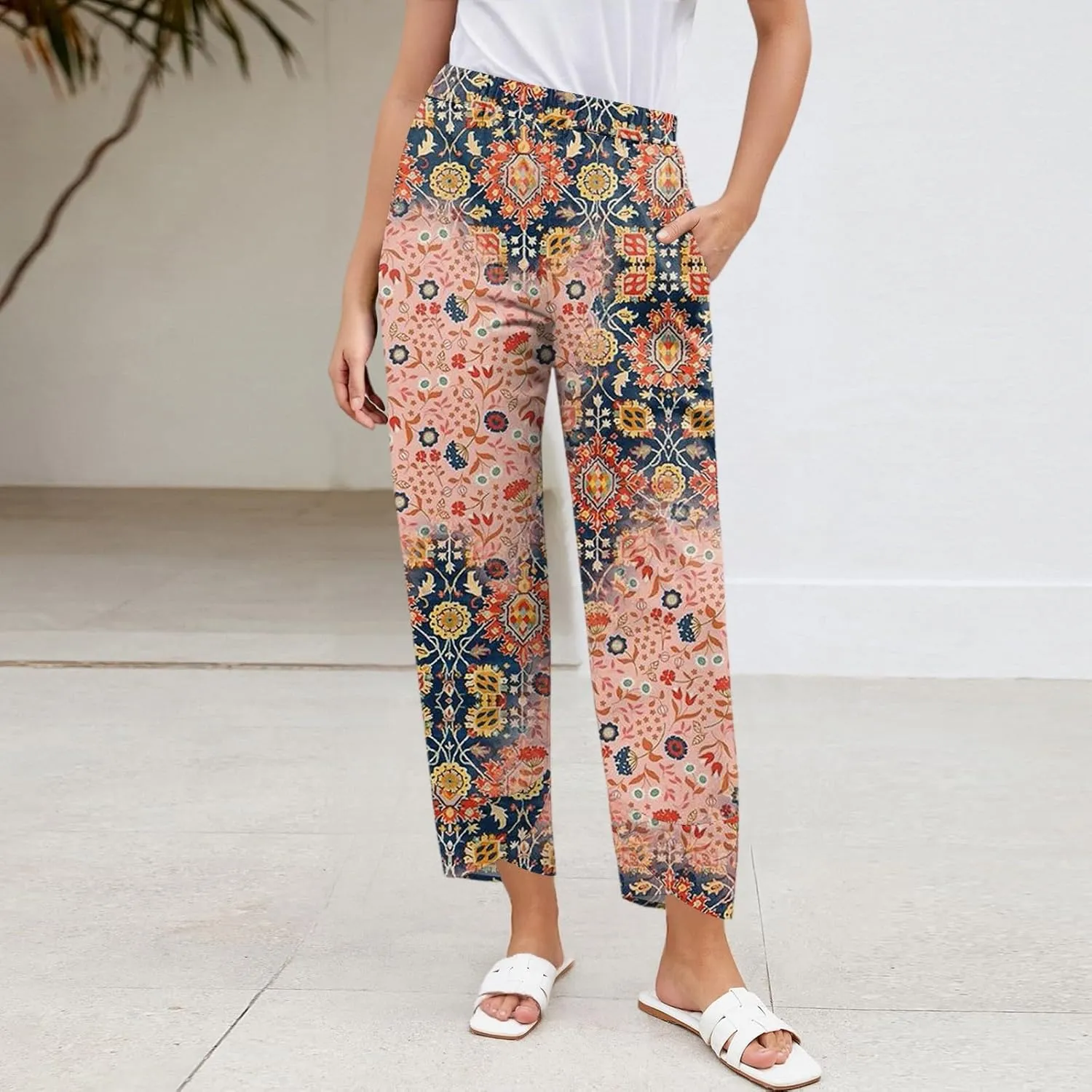 Wide Leg Linen Pants for Women Cropped Summer Palazzo Pant Casual Ankle Length Beach Vacation Trousers with Pockets