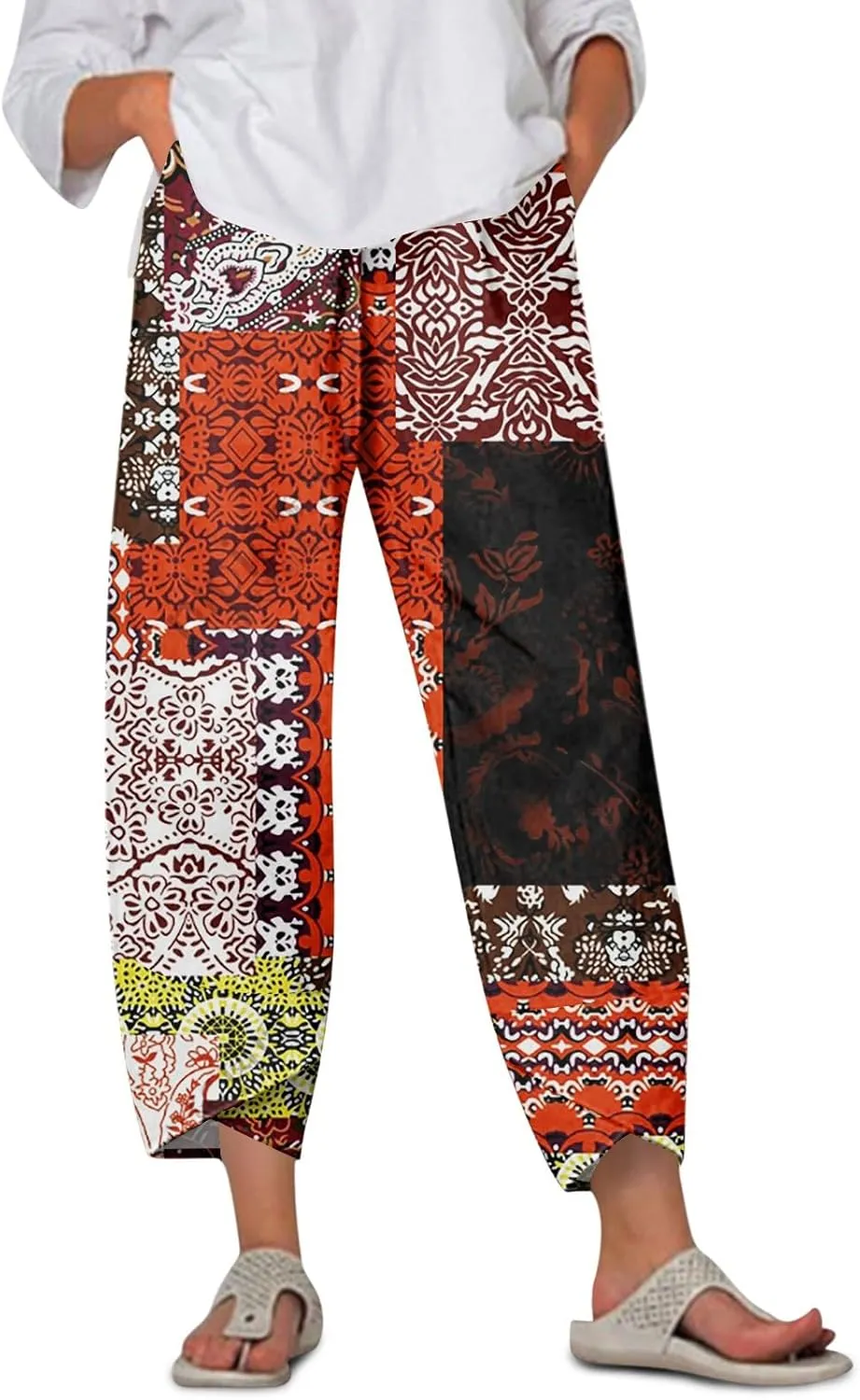 Wide Leg Linen Pants for Women Cropped Summer Palazzo Pant Casual Ankle Length Beach Vacation Trousers with Pockets