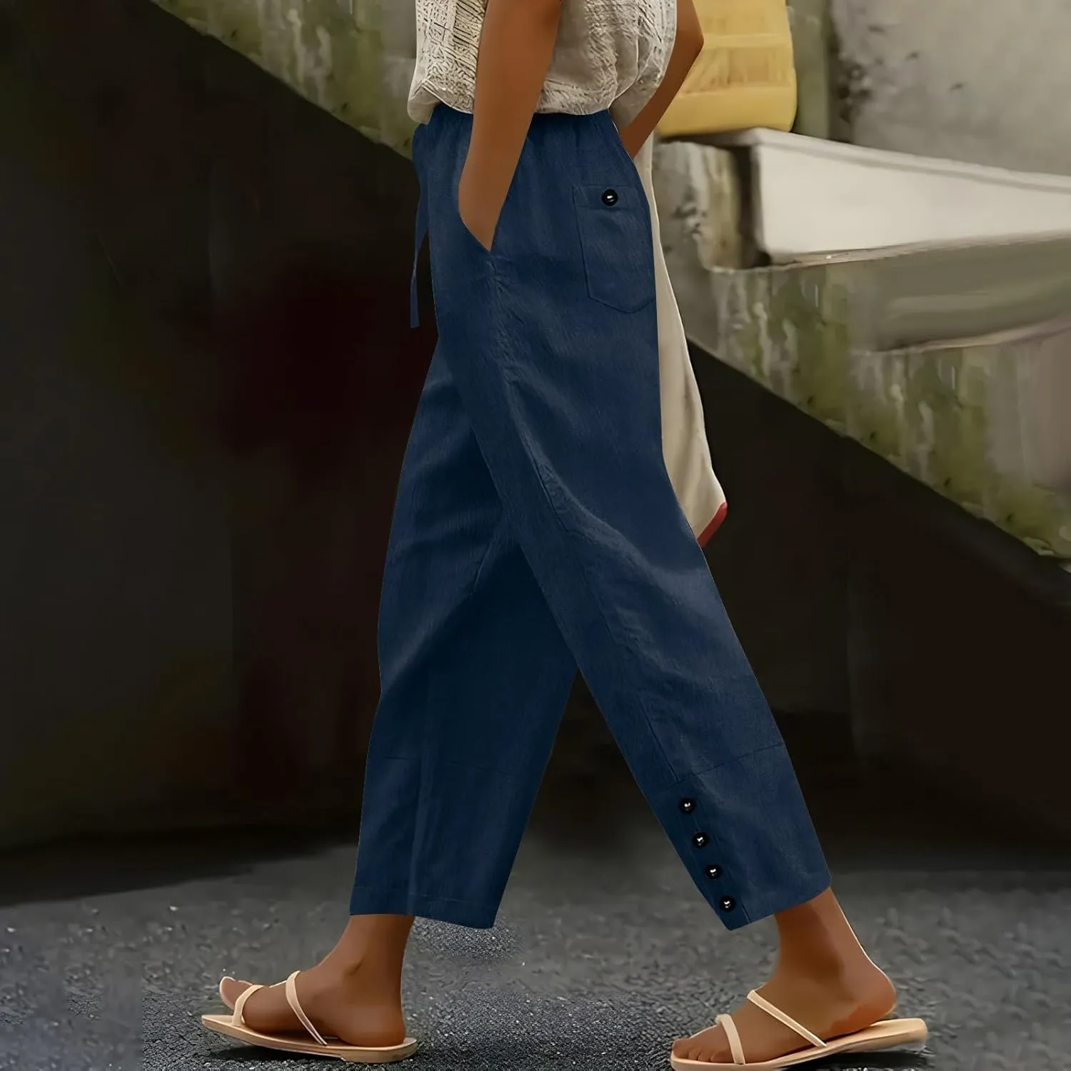 Wide Leg Pants Woman High Waisted Elastic Drawstring Beach Pants Casual Loose Lightweight Solid Trousers with Pockets