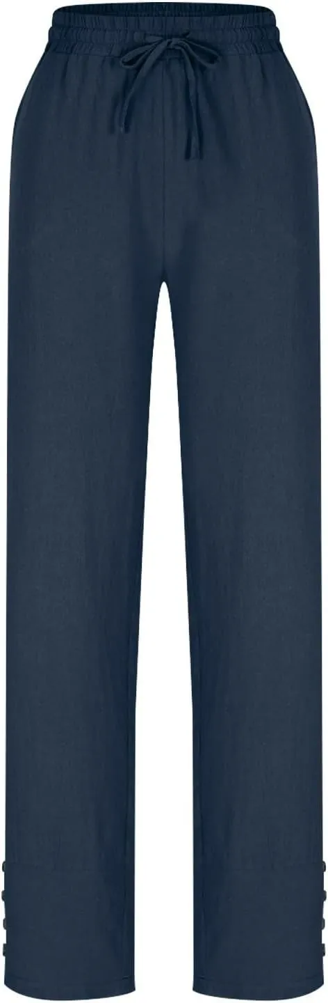 Wide Leg Pants Woman High Waisted Elastic Drawstring Beach Pants Casual Loose Lightweight Solid Trousers with Pockets