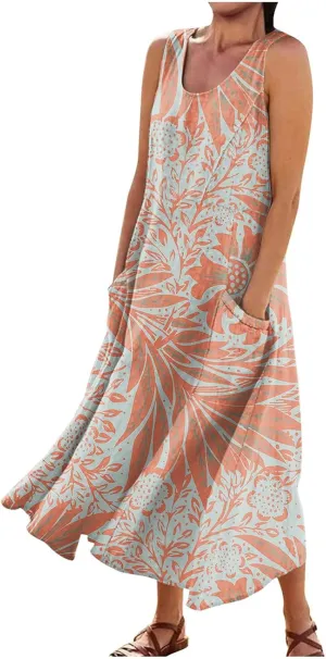 Women 2024 Summer Tank Dress Sleeveless U Neck Printed/Solid Boho Beach Shirt Maxi Flowy Linen Cotton Dresses with Pocket