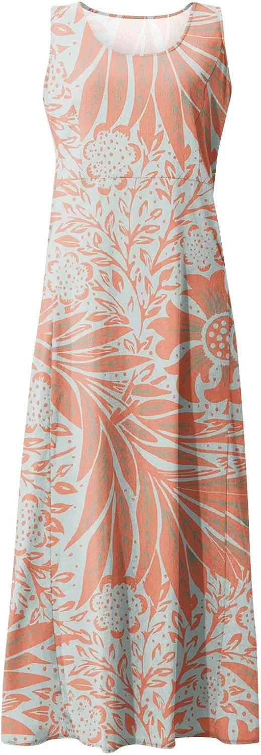 Women 2024 Summer Tank Dress Sleeveless U Neck Printed/Solid Boho Beach Shirt Maxi Flowy Linen Cotton Dresses with Pocket