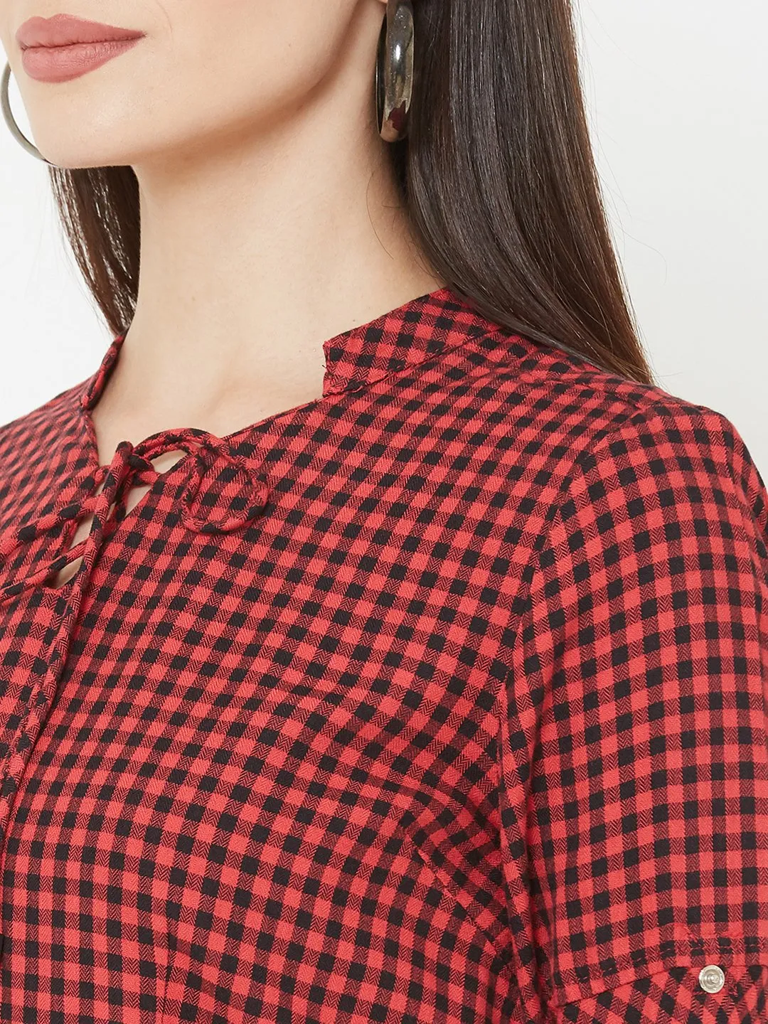 Women Checked With Tie-Up Neckline Top