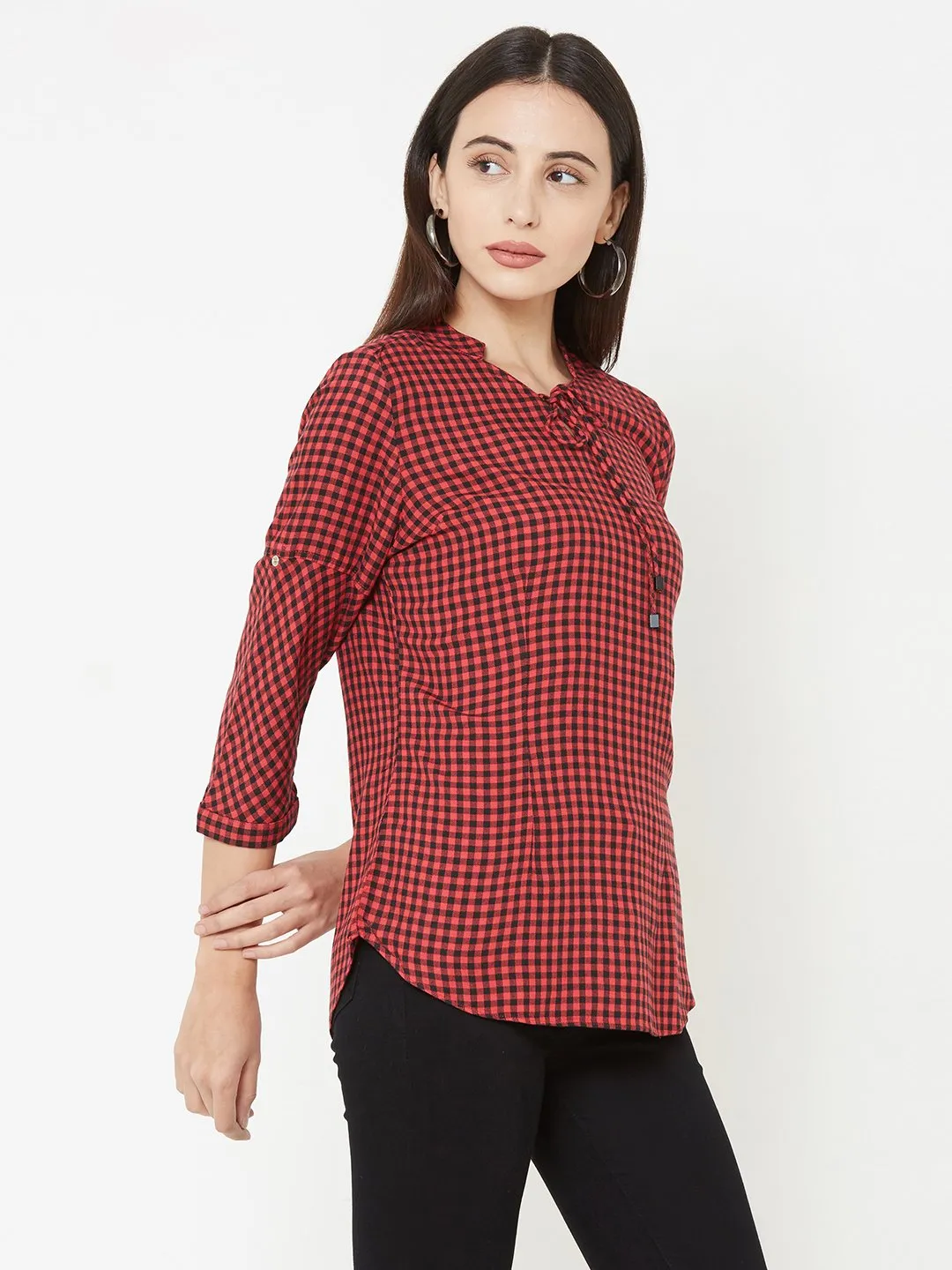 Women Checked With Tie-Up Neckline Top