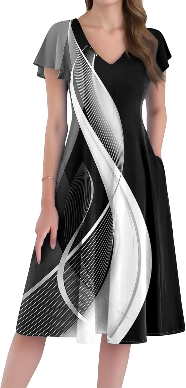 Women Dresses Elegant Floral Sundress Short Sleeve V-Neck A-Line Midi Dress Vintage Casual 2025 Summer Dresses