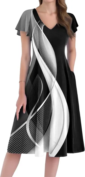 Women Dresses Elegant Floral Sundress Short Sleeve V-Neck A-Line Midi Dress Vintage Casual 2025 Summer Dresses