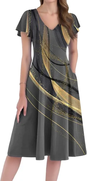 Women Dresses Elegant Floral Sundress Short Sleeve V-Neck A-Line Midi Dress Vintage Casual 2025 Summer Dresses