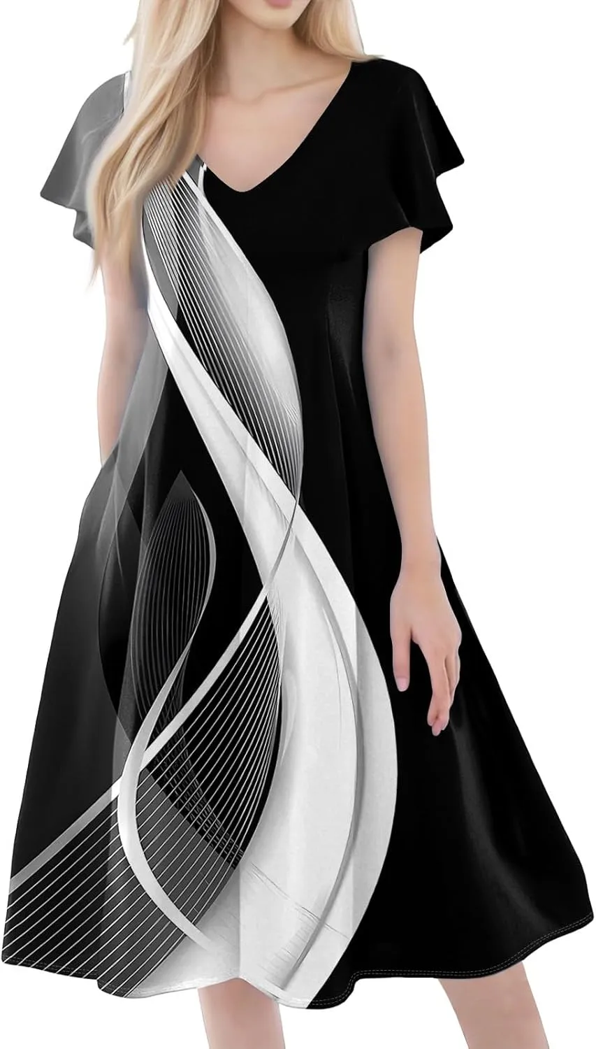 Women Dresses Elegant Floral Sundress Short Sleeve V-Neck A-Line Midi Dress Vintage Casual 2025 Summer Dresses