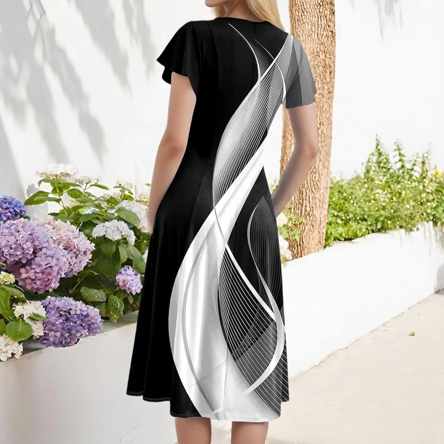 Women Dresses Elegant Floral Sundress Short Sleeve V-Neck A-Line Midi Dress Vintage Casual 2025 Summer Dresses