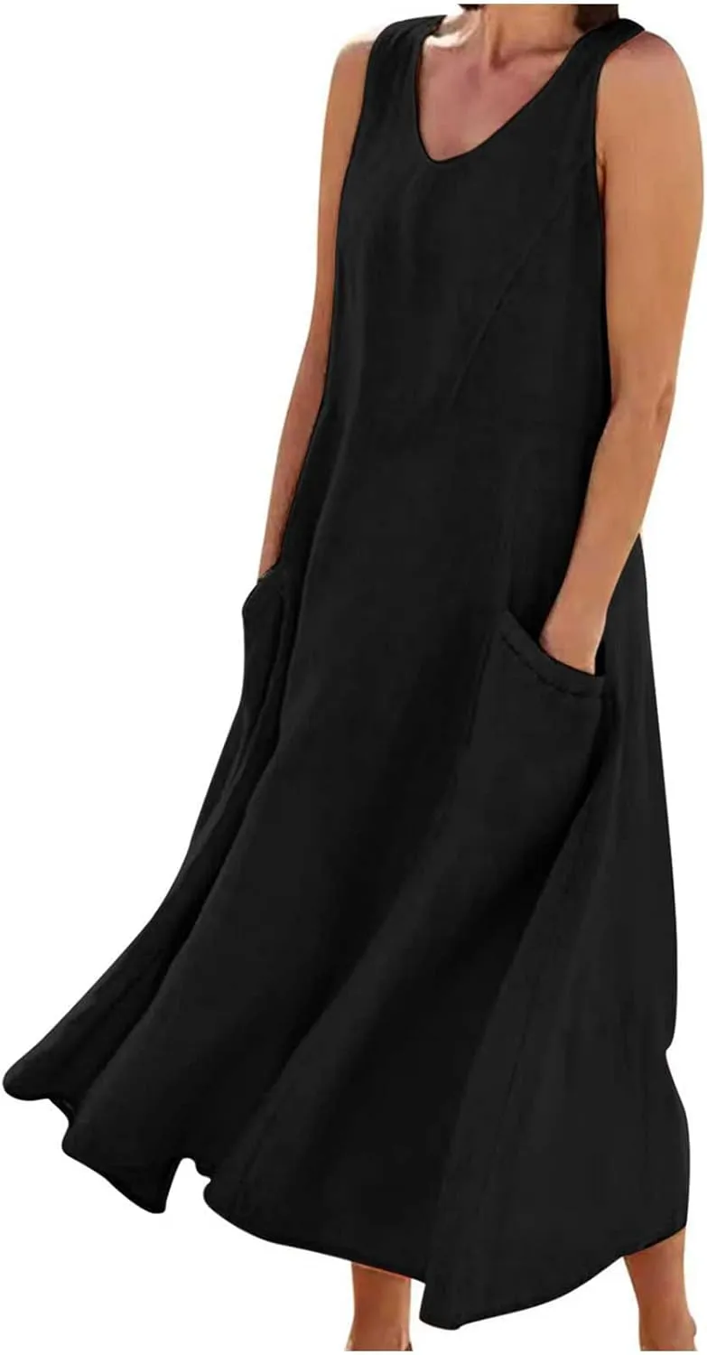 Women Linen Sundress 2025 Summer Maxi Dress with Pockets Sleeveless V Neck Sundresses Loose Lounge Dress Cruisewear