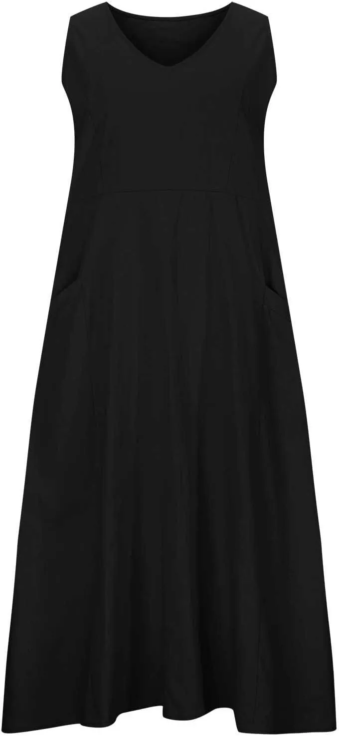 Women Linen Sundress 2025 Summer Maxi Dress with Pockets Sleeveless V Neck Sundresses Loose Lounge Dress Cruisewear