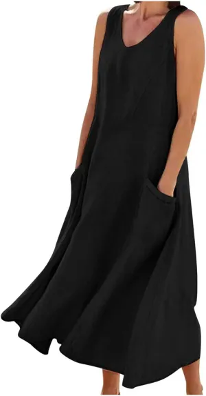 Women Linen Sundress 2025 Summer Maxi Dress with Pockets Sleeveless V Neck Sundresses Loose Lounge Dress Cruisewear