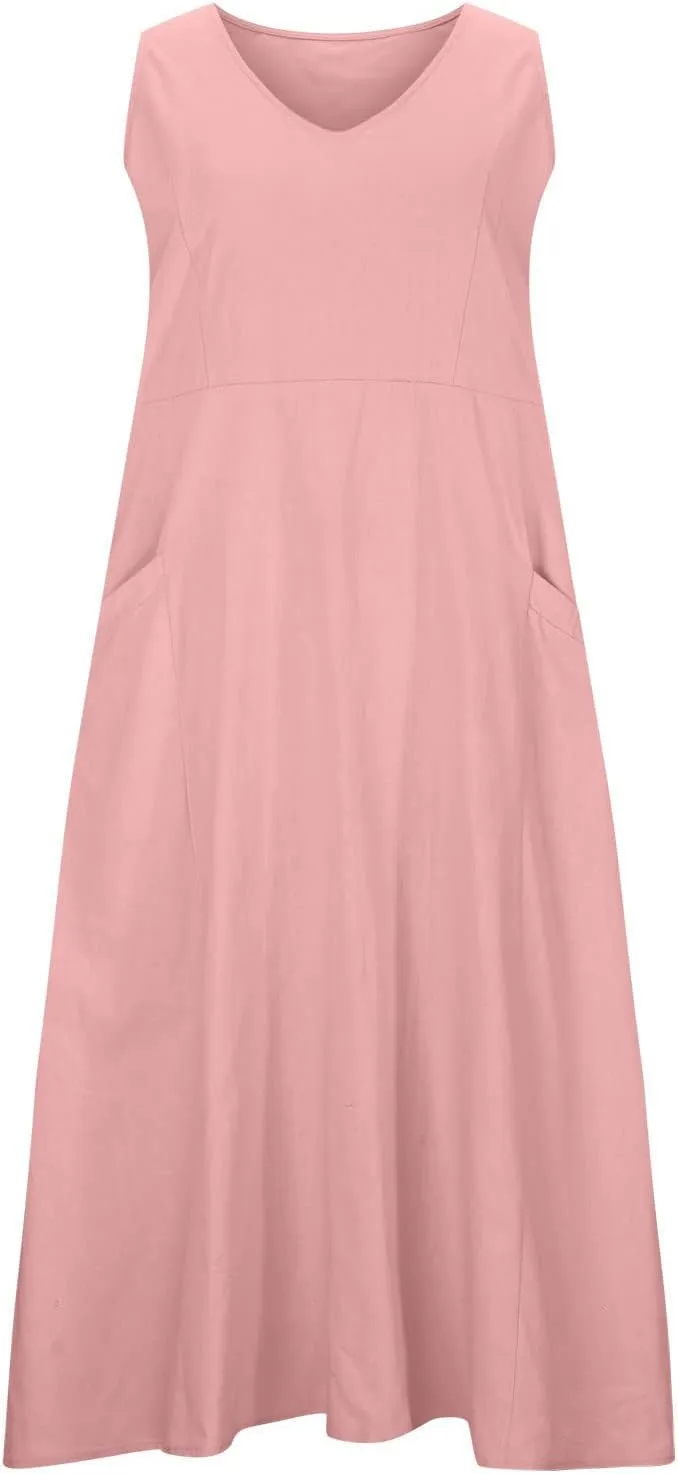 Women Linen Sundress 2025 Summer Maxi Dress with Pockets Sleeveless V Neck Sundresses Loose Lounge Dress Cruisewear