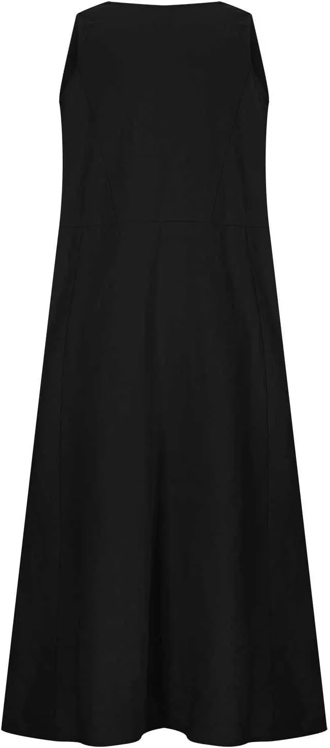 Women Linen Sundress 2025 Summer Maxi Dress with Pockets Sleeveless V Neck Sundresses Loose Lounge Dress Cruisewear