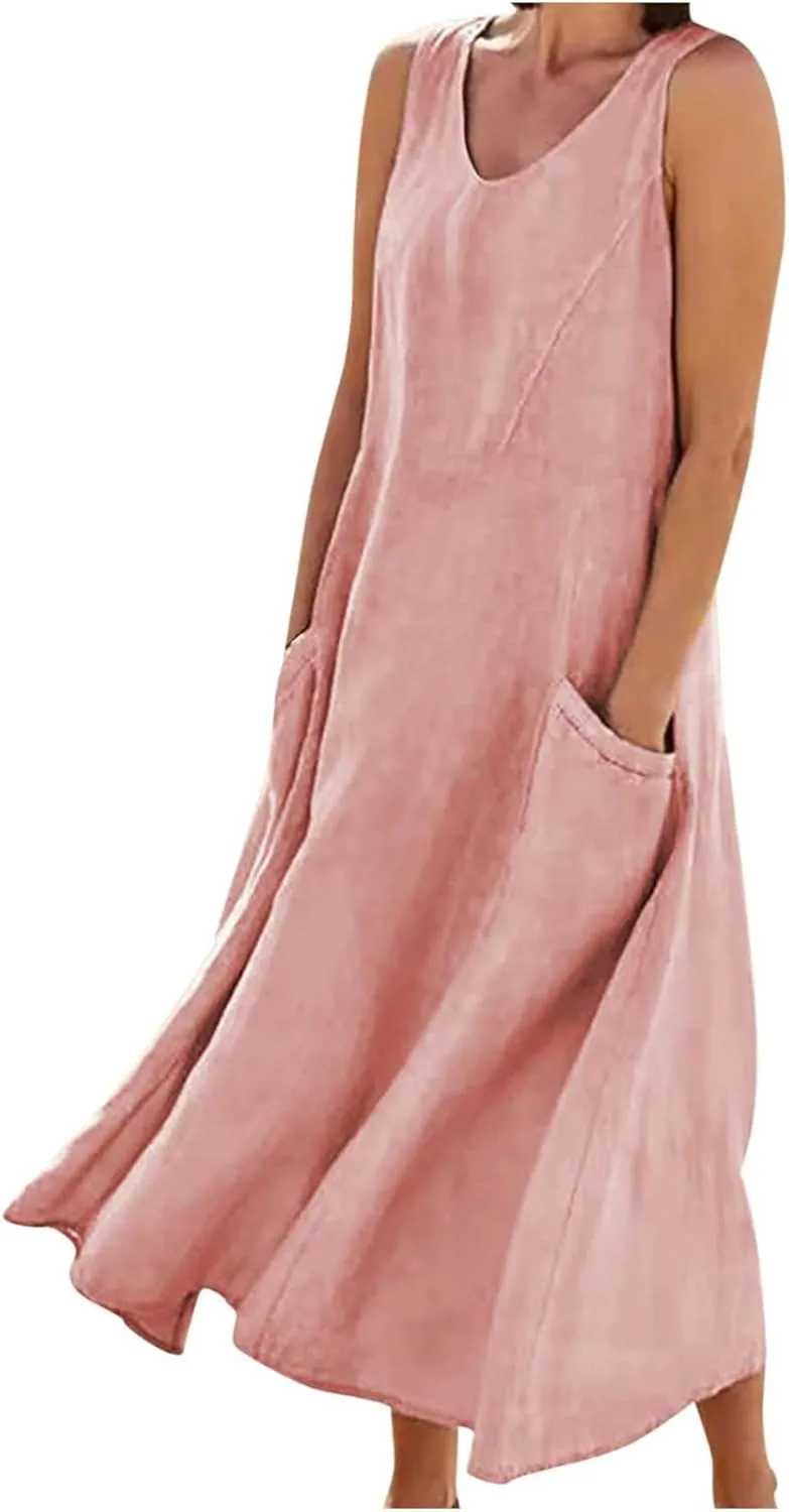 Women Linen Sundress 2025 Summer Maxi Dress with Pockets Sleeveless V Neck Sundresses Loose Lounge Dress Cruisewear