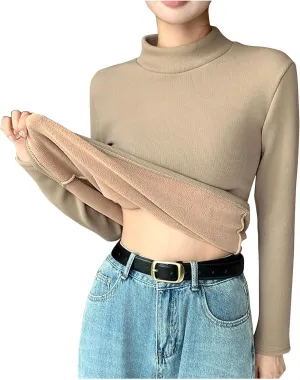 Women Mock TurtleNeck Long Sleeve Shirts Fleece Lined Thermal Baselayer Underwear Tops Slim Fit Solid Tees Shirt