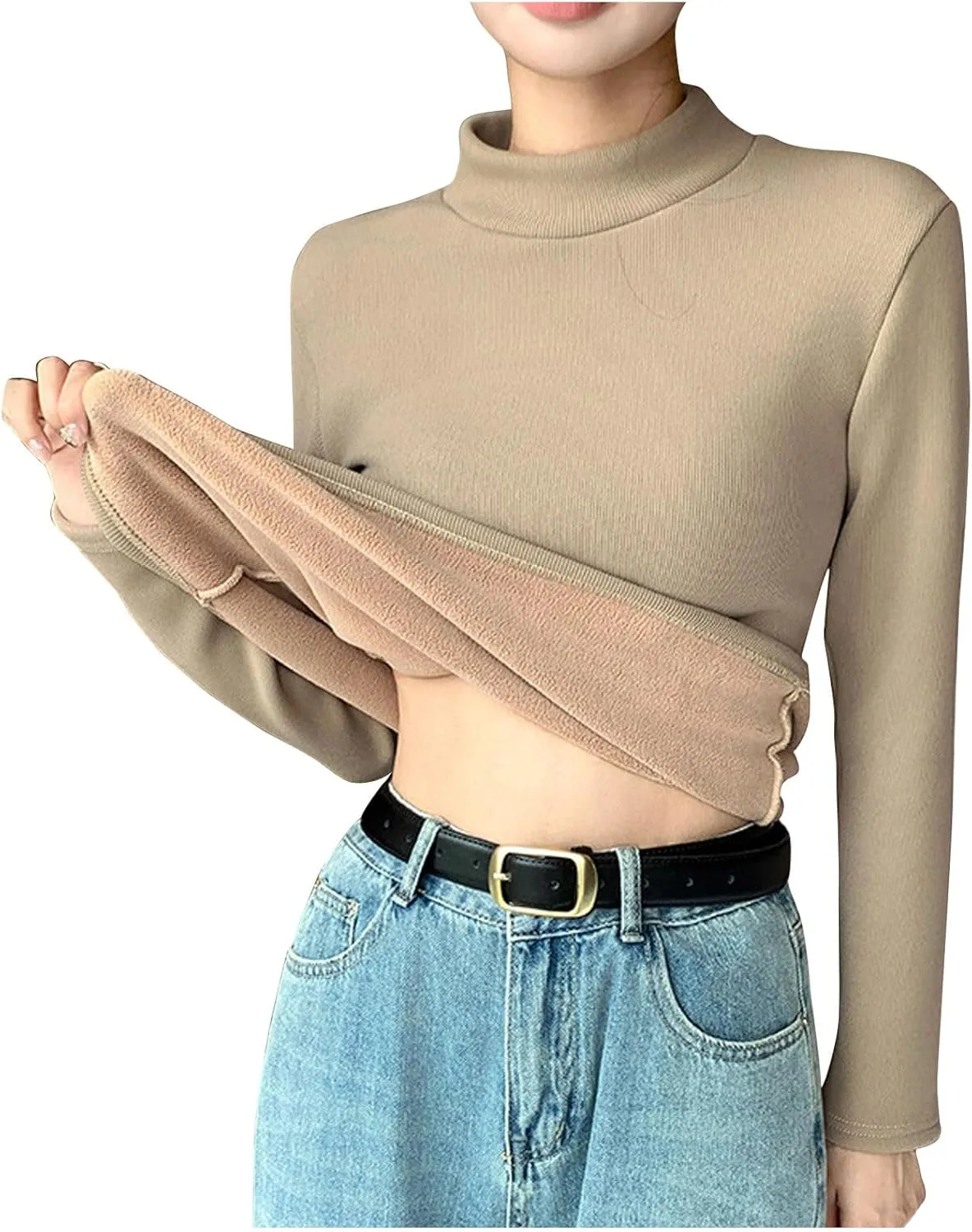 Women Mock TurtleNeck Long Sleeve Shirts Fleece Lined Thermal Baselayer Underwear Tops Slim Fit Solid Tees Shirt