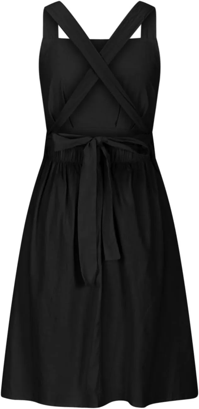 Women Sleeveless Midi Dress Square Neck Pleated Cinched Waist Solid Color Crisscross Backless Dress Wear to Dance