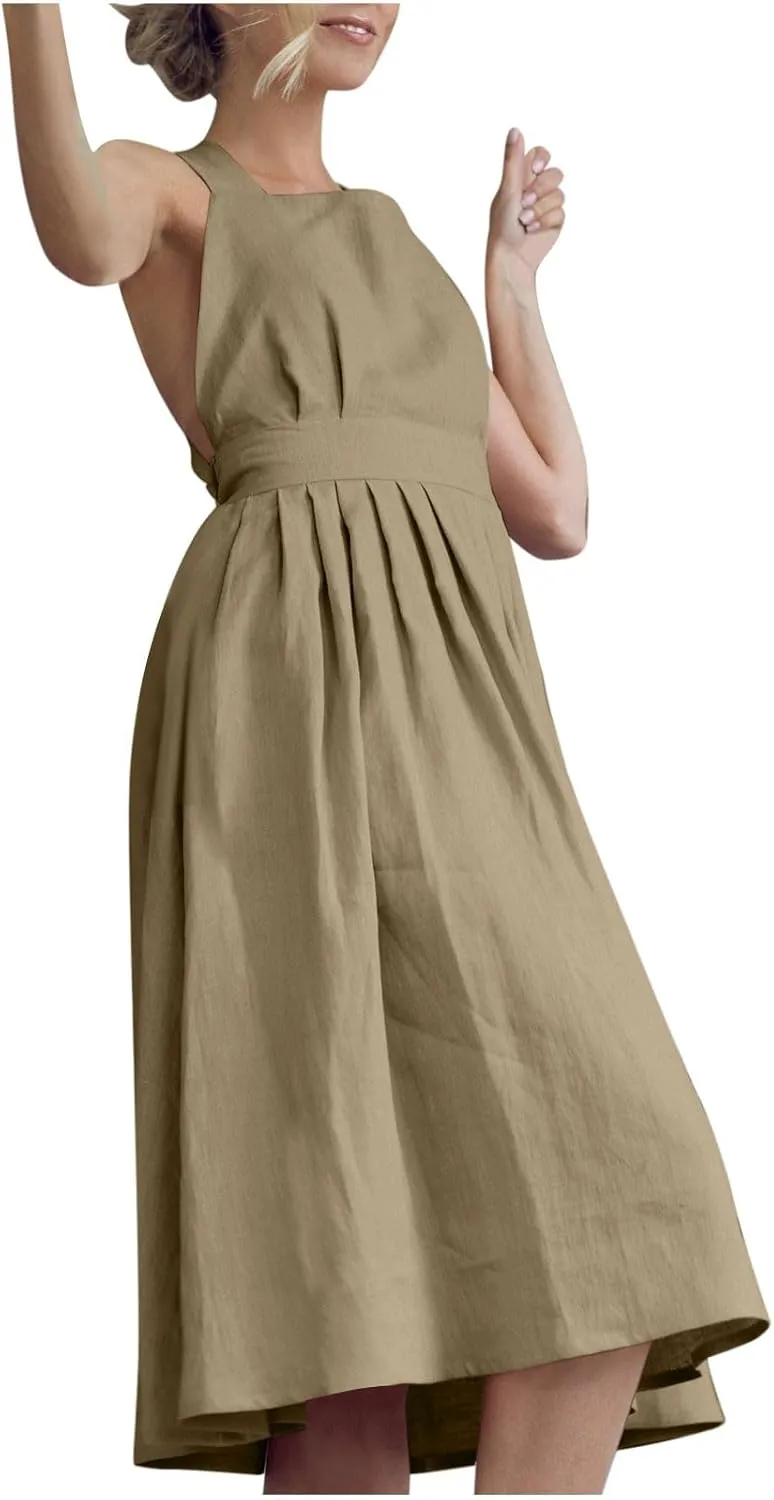 Women Sleeveless Midi Dress Square Neck Pleated Cinched Waist Solid Color Crisscross Backless Dress Wear to Dance