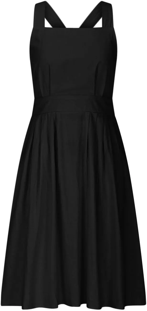 Women Sleeveless Midi Dress Square Neck Pleated Cinched Waist Solid Color Crisscross Backless Dress Wear to Dance