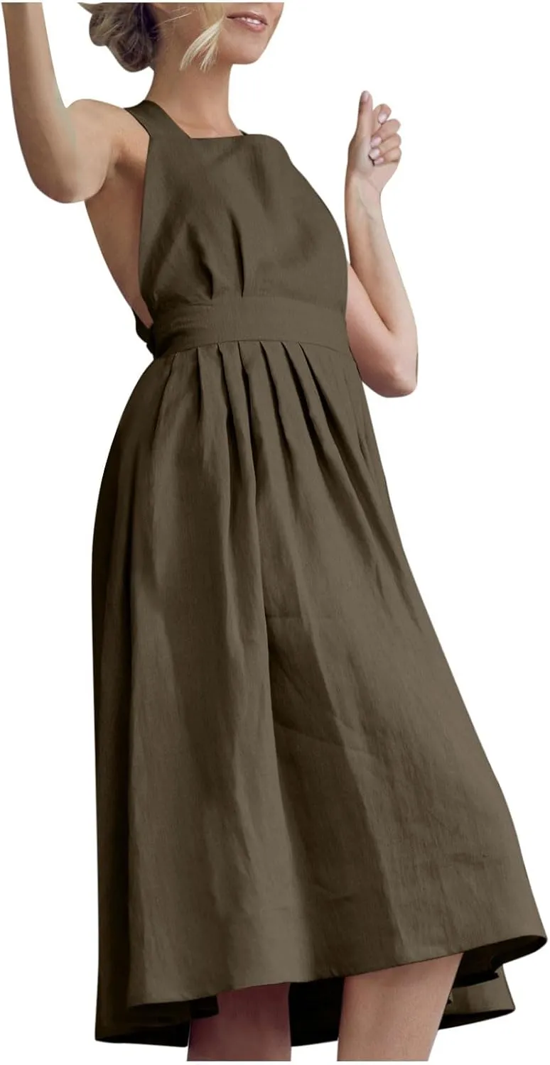 Women Sleeveless Midi Dress Square Neck Pleated Cinched Waist Solid Color Crisscross Backless Dress Wear to Dance