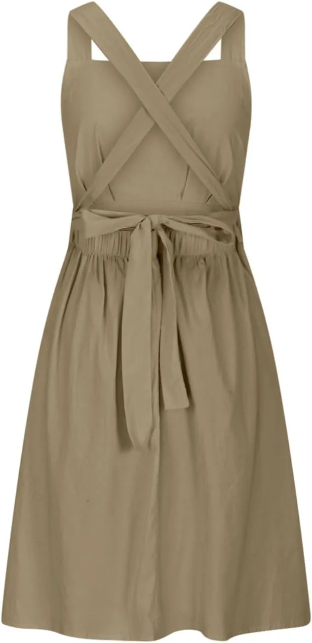 Women Sleeveless Midi Dress Square Neck Pleated Cinched Waist Solid Color Crisscross Backless Dress Wear to Dance