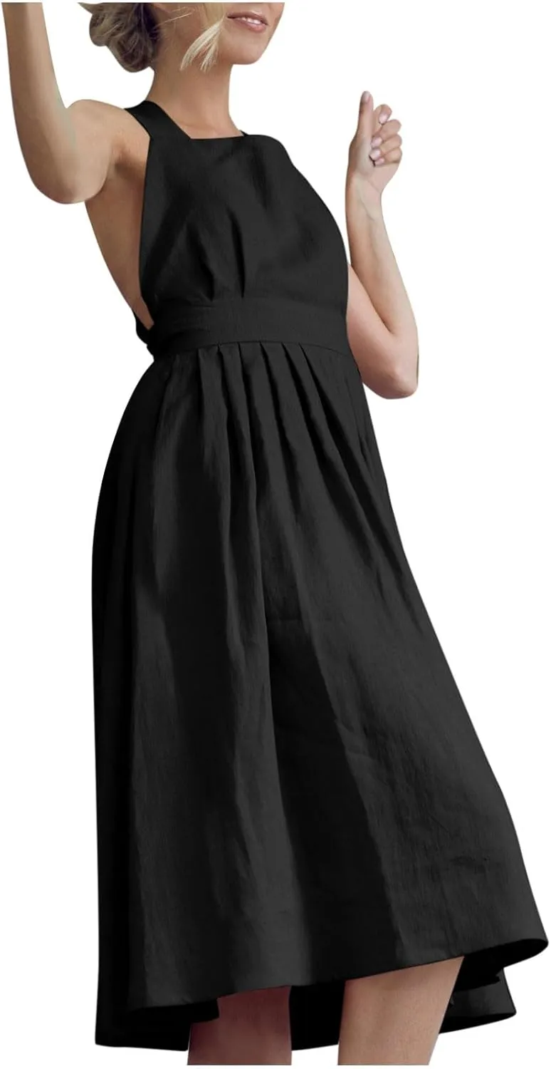Women Sleeveless Midi Dress Square Neck Pleated Cinched Waist Solid Color Crisscross Backless Dress Wear to Dance