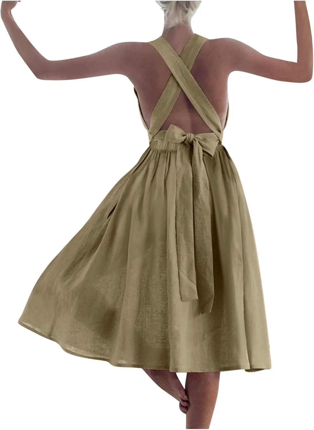 Women Sleeveless Midi Dress Square Neck Pleated Cinched Waist Solid Color Crisscross Backless Dress Wear to Dance