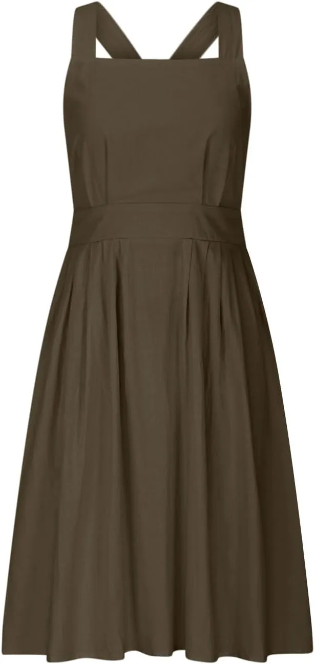 Women Sleeveless Midi Dress Square Neck Pleated Cinched Waist Solid Color Crisscross Backless Dress Wear to Dance