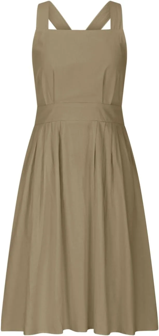 Women Sleeveless Midi Dress Square Neck Pleated Cinched Waist Solid Color Crisscross Backless Dress Wear to Dance