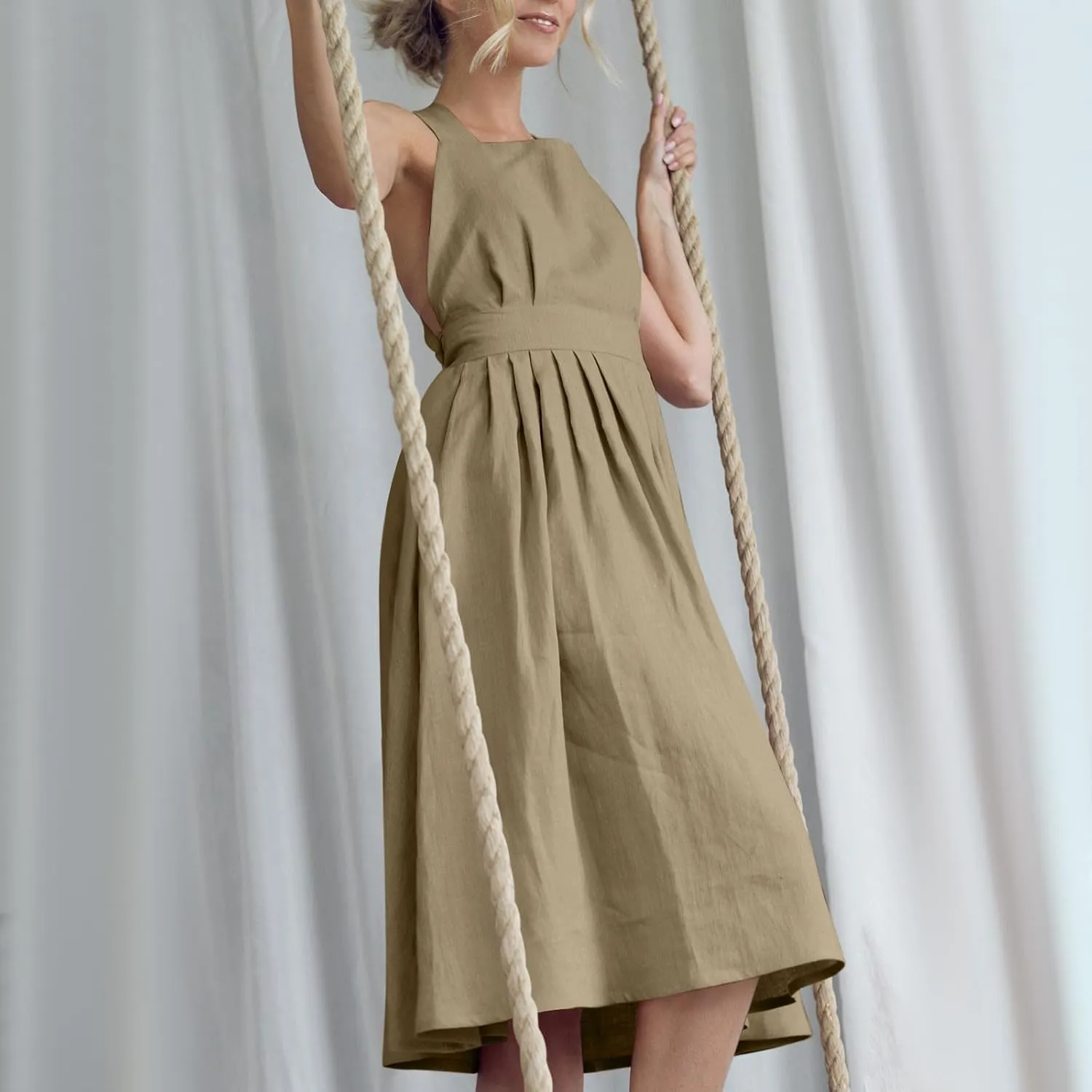 Women Sleeveless Midi Dress Square Neck Pleated Cinched Waist Solid Color Crisscross Backless Dress Wear to Dance