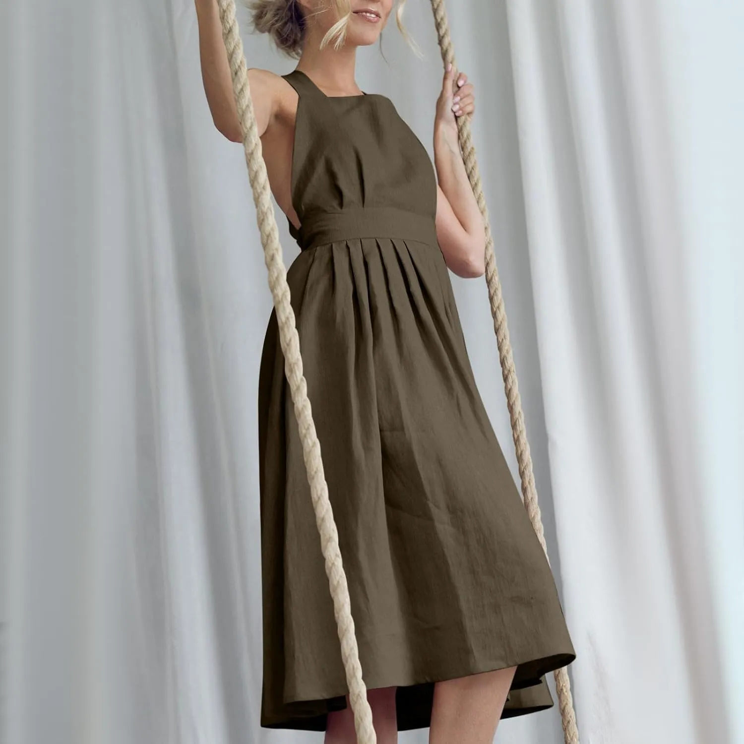 Women Sleeveless Midi Dress Square Neck Pleated Cinched Waist Solid Color Crisscross Backless Dress Wear to Dance