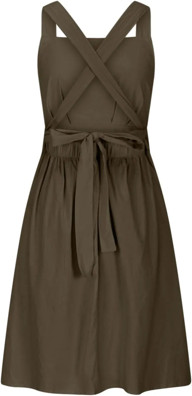 Women Sleeveless Midi Dress Square Neck Pleated Cinched Waist Solid Color Crisscross Backless Dress Wear to Dance