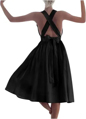 Women Sleeveless Midi Dress Square Neck Pleated Cinched Waist Solid Color Crisscross Backless Dress Wear to Dance