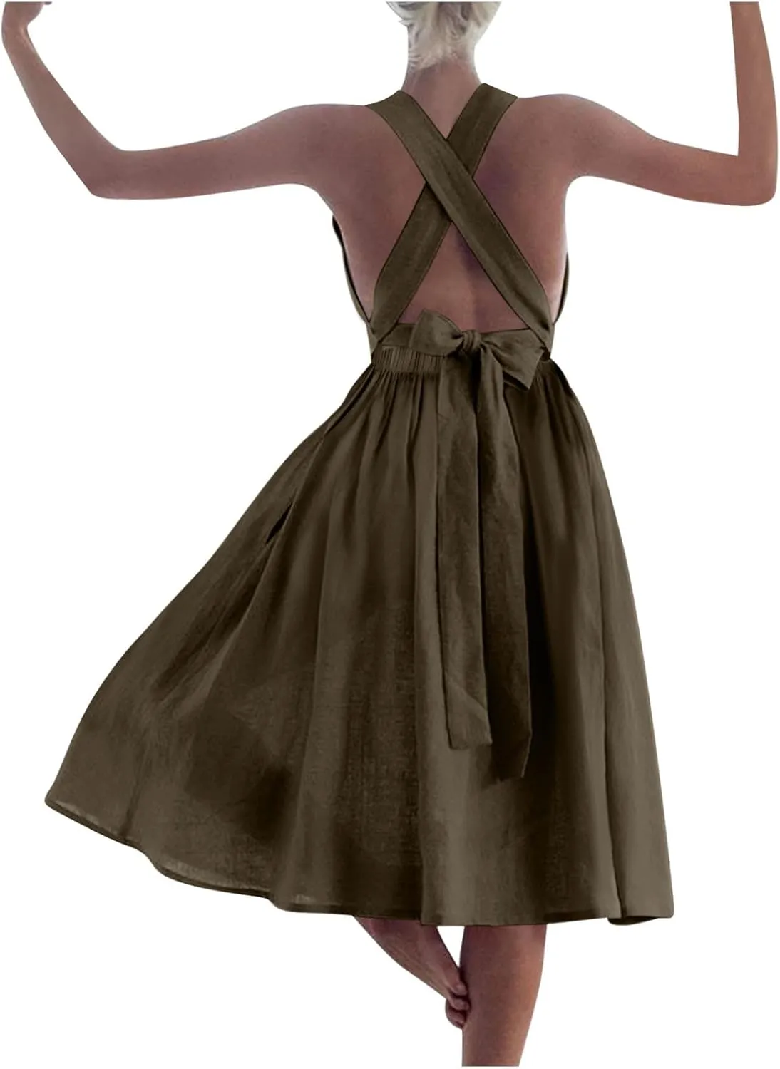 Women Sleeveless Midi Dress Square Neck Pleated Cinched Waist Solid Color Crisscross Backless Dress Wear to Dance