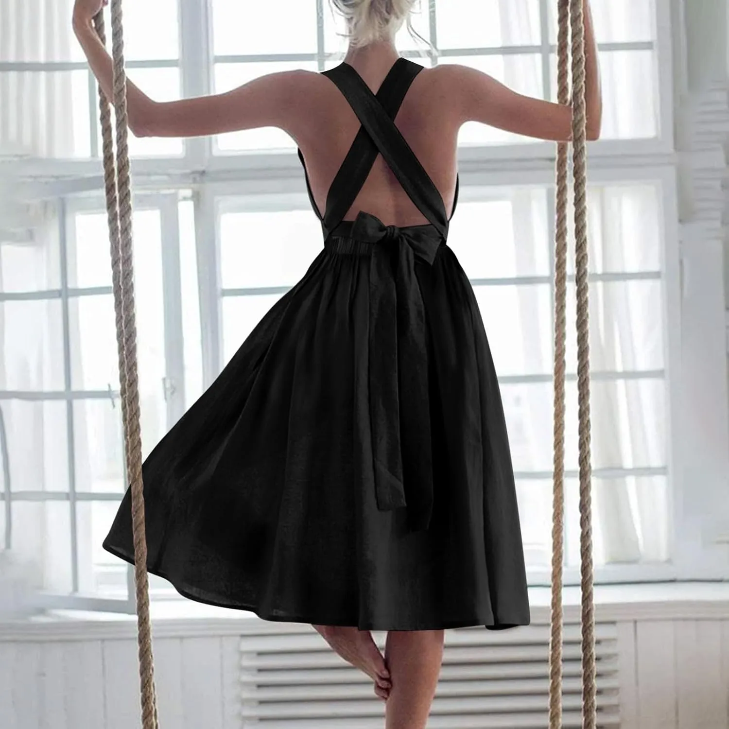 Women Sleeveless Midi Dress Square Neck Pleated Cinched Waist Solid Color Crisscross Backless Dress Wear to Dance