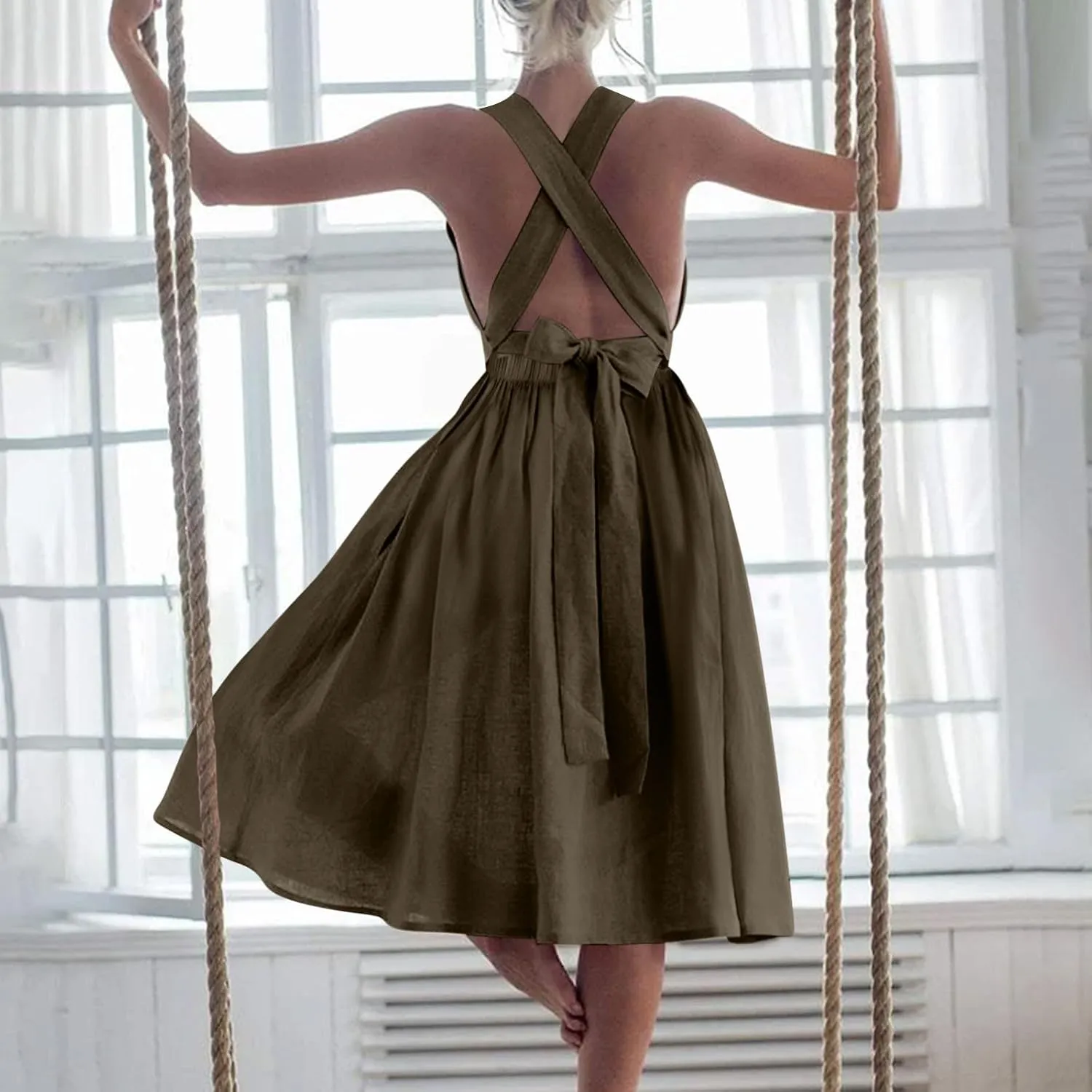 Women Sleeveless Midi Dress Square Neck Pleated Cinched Waist Solid Color Crisscross Backless Dress Wear to Dance