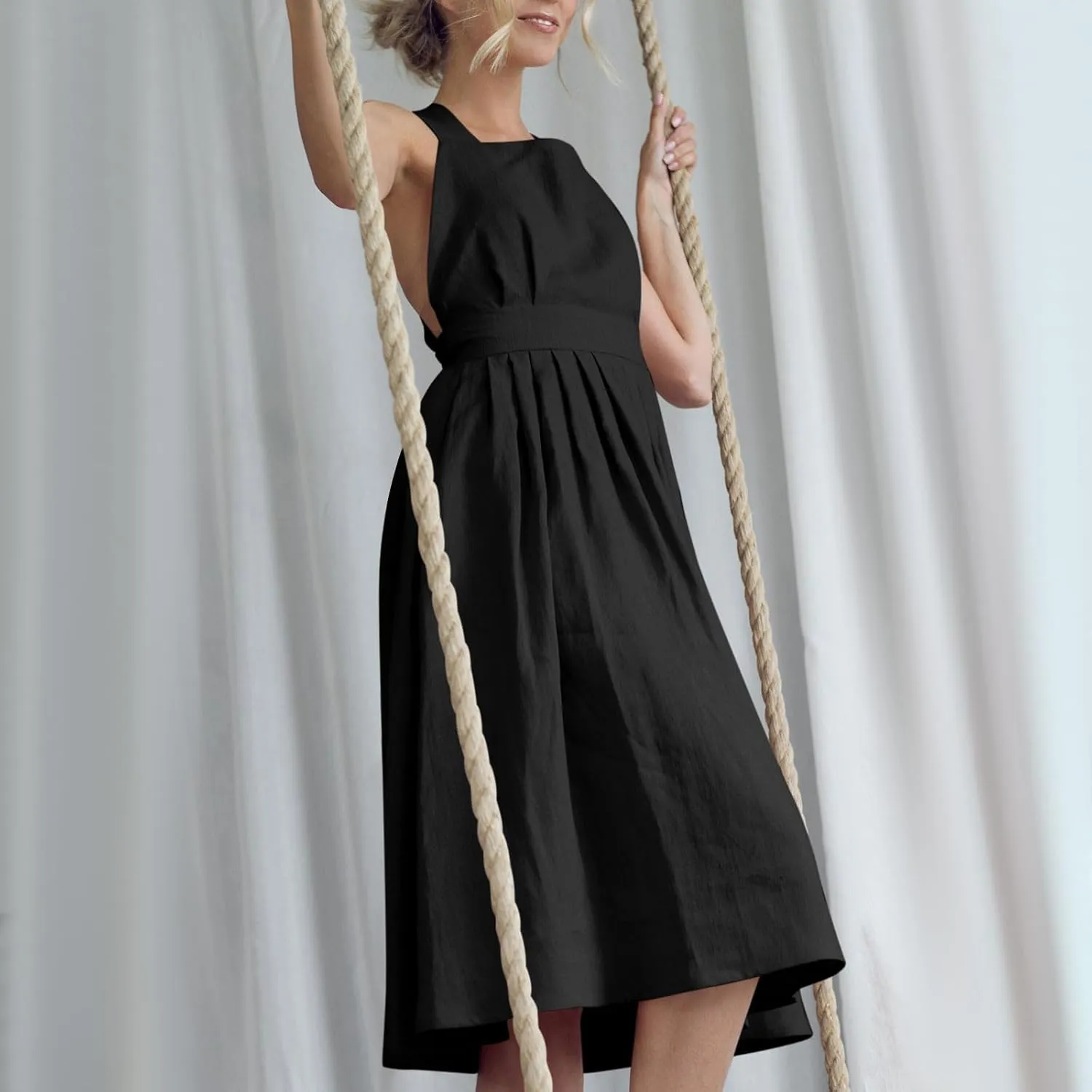 Women Sleeveless Midi Dress Square Neck Pleated Cinched Waist Solid Color Crisscross Backless Dress Wear to Dance