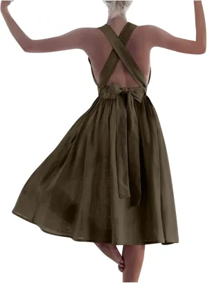 Women Sleeveless Midi Dress Square Neck Pleated Cinched Waist Solid Color Crisscross Backless Dress Wear to Dance